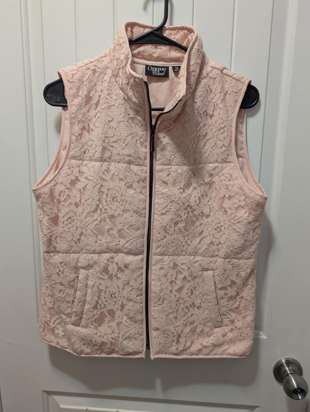 Onque Casual Floral Lace Pink Vest Women's Size M Pockets Zip Up